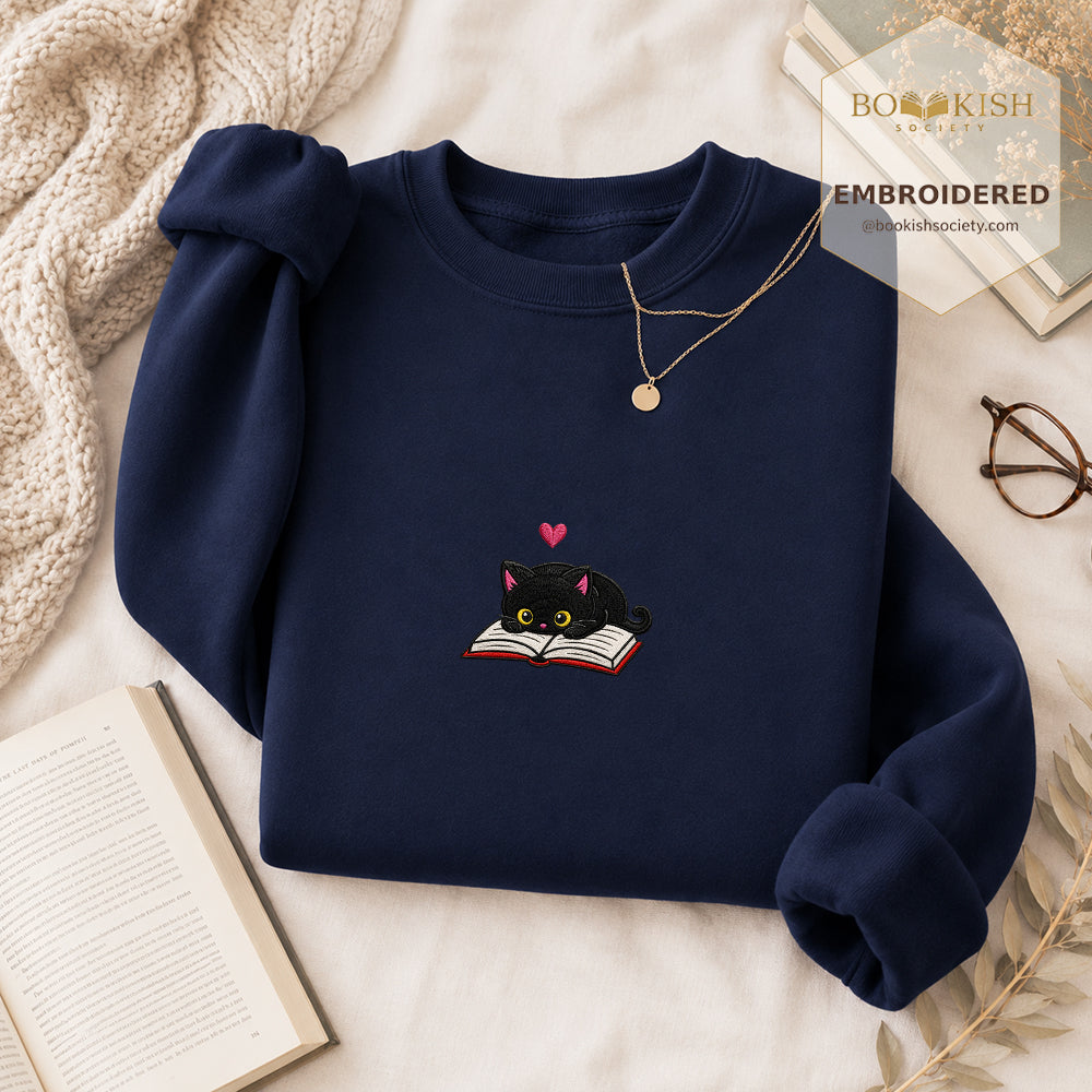 Black Cat and Book Embroidered Sweatshirt | Reader Gift Navy