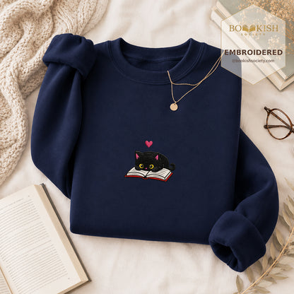 Black Cat and Book Embroidered Sweatshirt | Reader Gift Navy