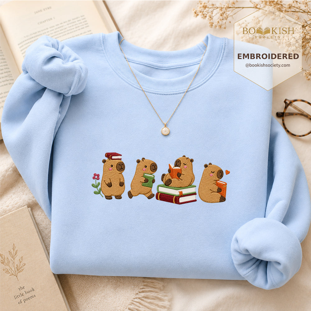 Reading Capybaras Embroidered Sweatshirt | Reader Gift Light Blue