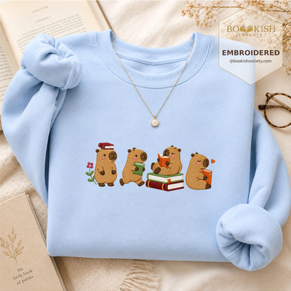 Reading Capybaras Embroidered Sweatshirt | Reader Gift Light Blue