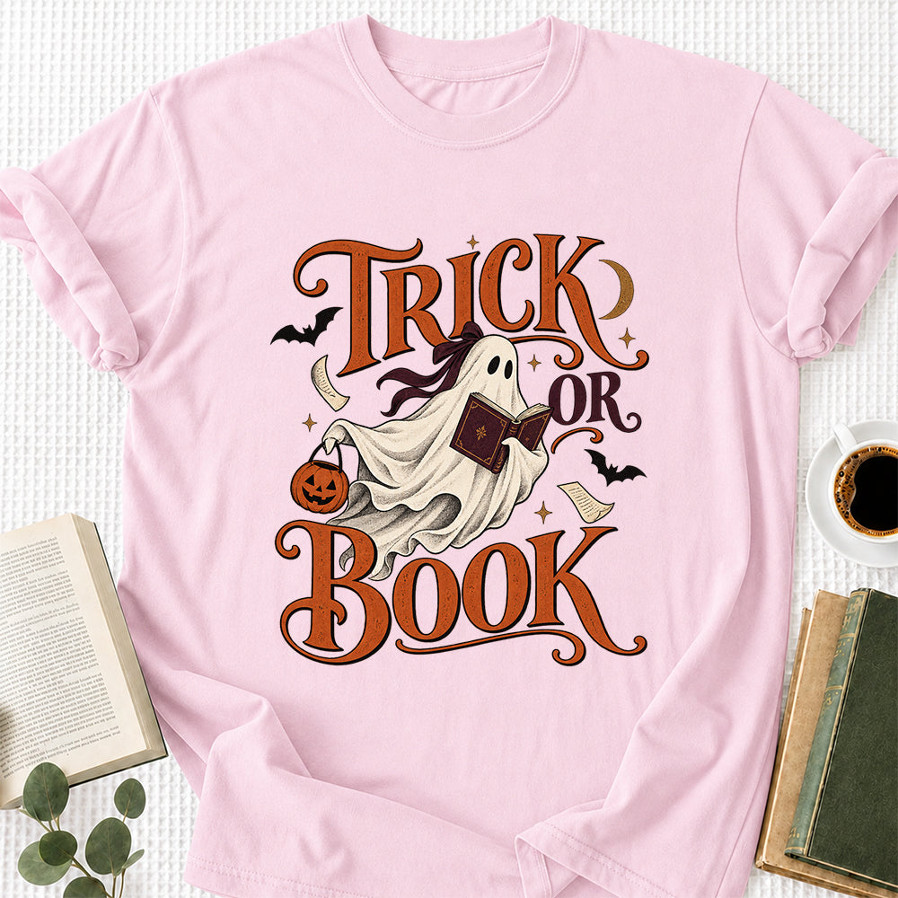 Trick Or Book Ghost Printed T-Shirt | Halloween Book Lover Gift Light Pink