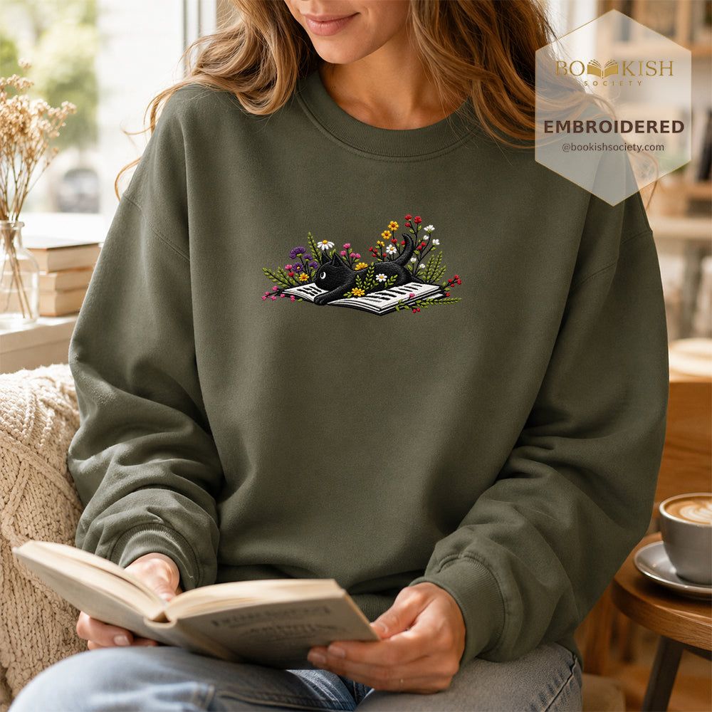 Cat and Book Embroidered Sweatshirt | Reader Gift Military Green