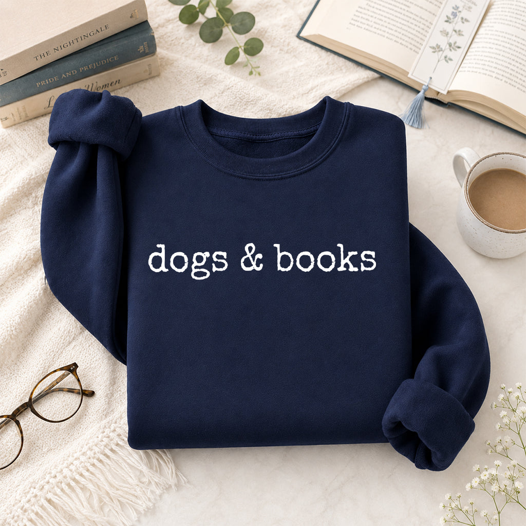 Dogs & Books Crewneck Sweatshirt | Dog Lover & Reader Gift Navy