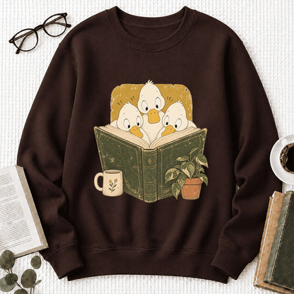 Minimal Japanese Ducks Reading Crewneck Sweatshirt | Reader Gift Dark Chocolate