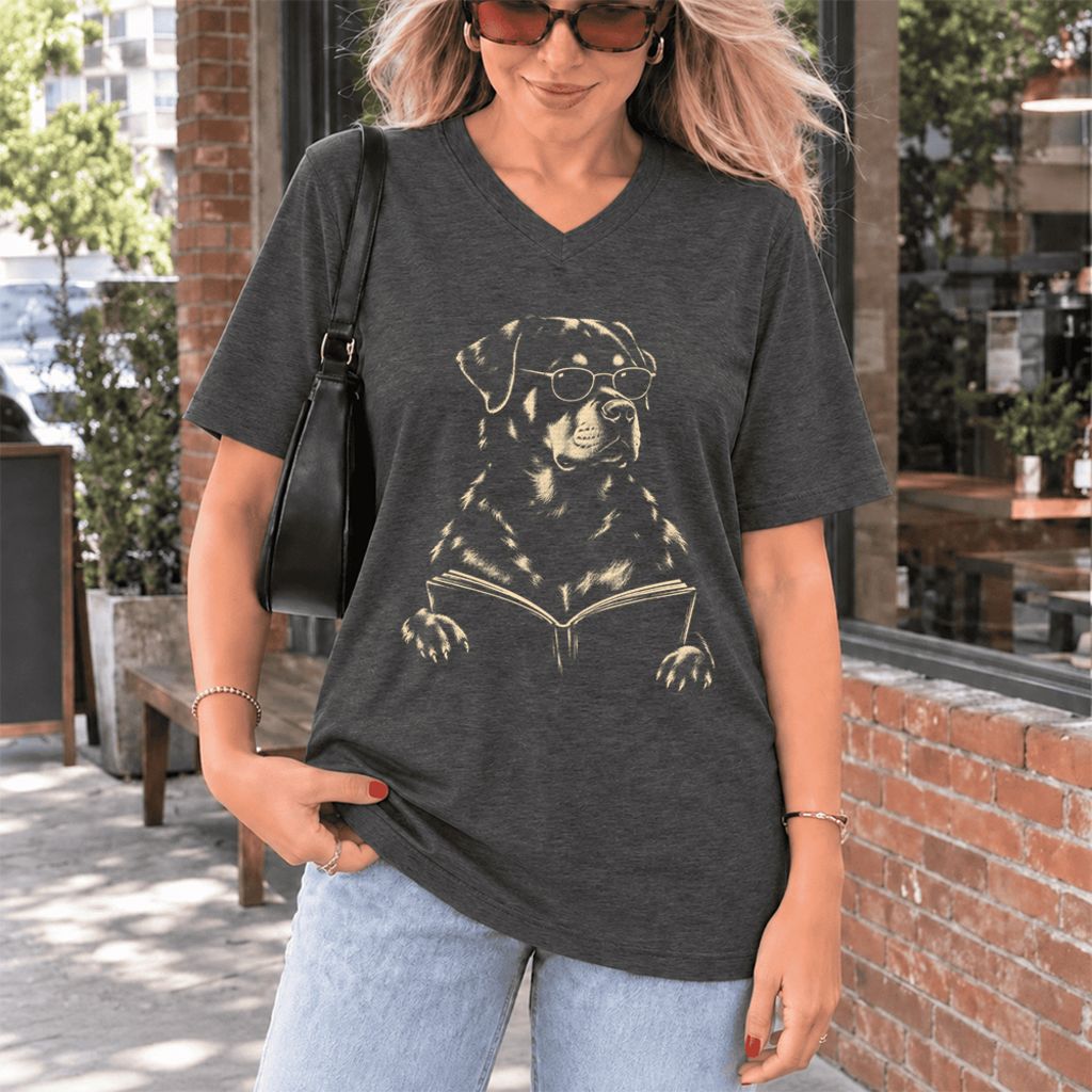 Rottweiler Reading Book Ultra-Soft V-Neck | Dog Mom Reader Gift Dark Grey Heather