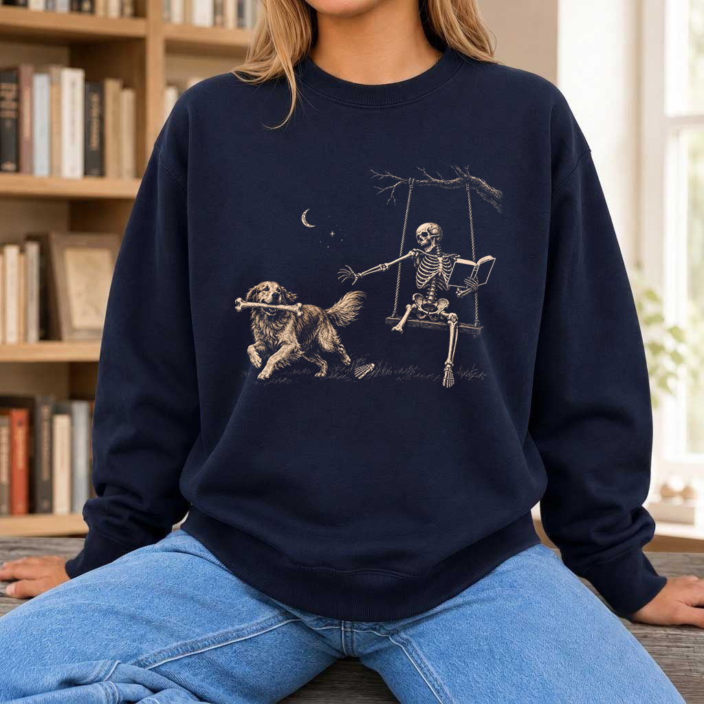 Funny Reading Book With Golden Retriever Printed Sweatshirt | Halloween Dog Lover & Reader Gift Navy
