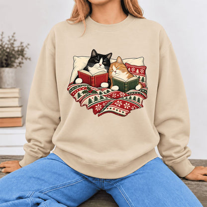 Christmas Reading Cat Couple Softstyle Sweatshirt | Cozy Christmas Gift Sand