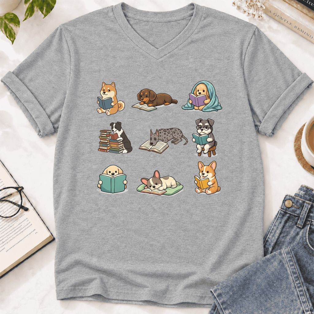 Funny Reading Dogs Ultra-Soft V-Neck | Dog Mom Reader Gift Athletic Heather