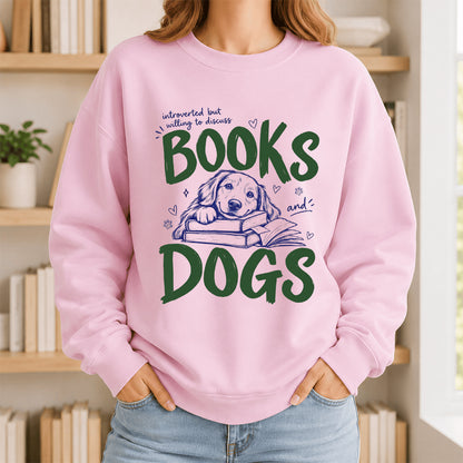 Introverted But Willing To Discuss Books And Dogs Crewneck Sweatshirt | Dog Lover & Reader Gift Light Pink