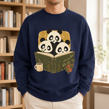 Curious Pandas Reading Crewneck Sweatshirt | Panda Lover & Reader Gift Navy