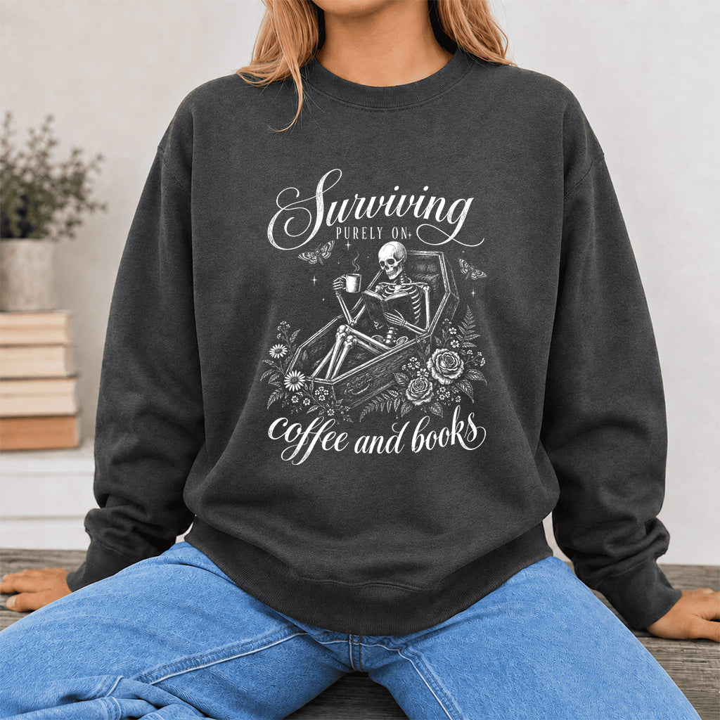 Surviving Purely On Coffee And Books Printed Sweatshirt | Halloween Reader Gift Dark Heather