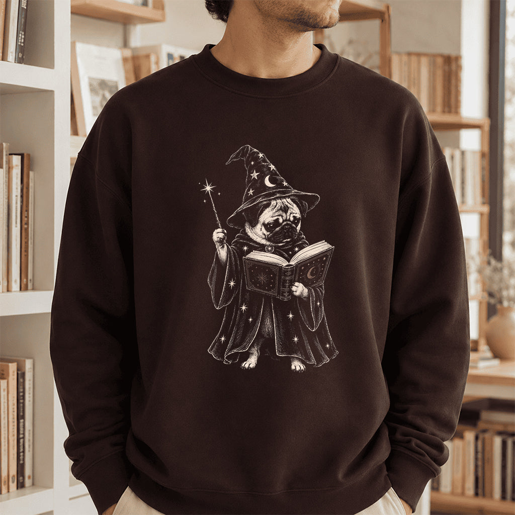 Cute Pug Witch Reading Book Printed Sweatshirt | Halloween Book Lover Gift Dark Chocolate