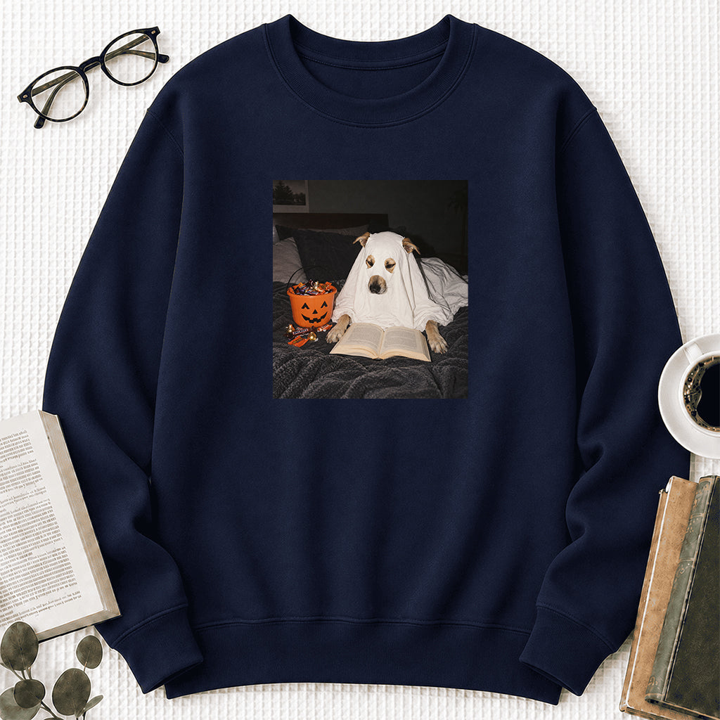 Cute Reading Ghost Dog Printed Sweatshirt | Halloween Book Lover Gift Navy