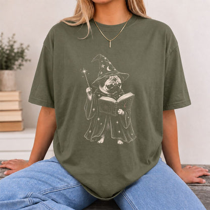 Cute Pug Witch Reading Book Printed T-Shirt | Halloween Book & Dog Lover Gift Military Green