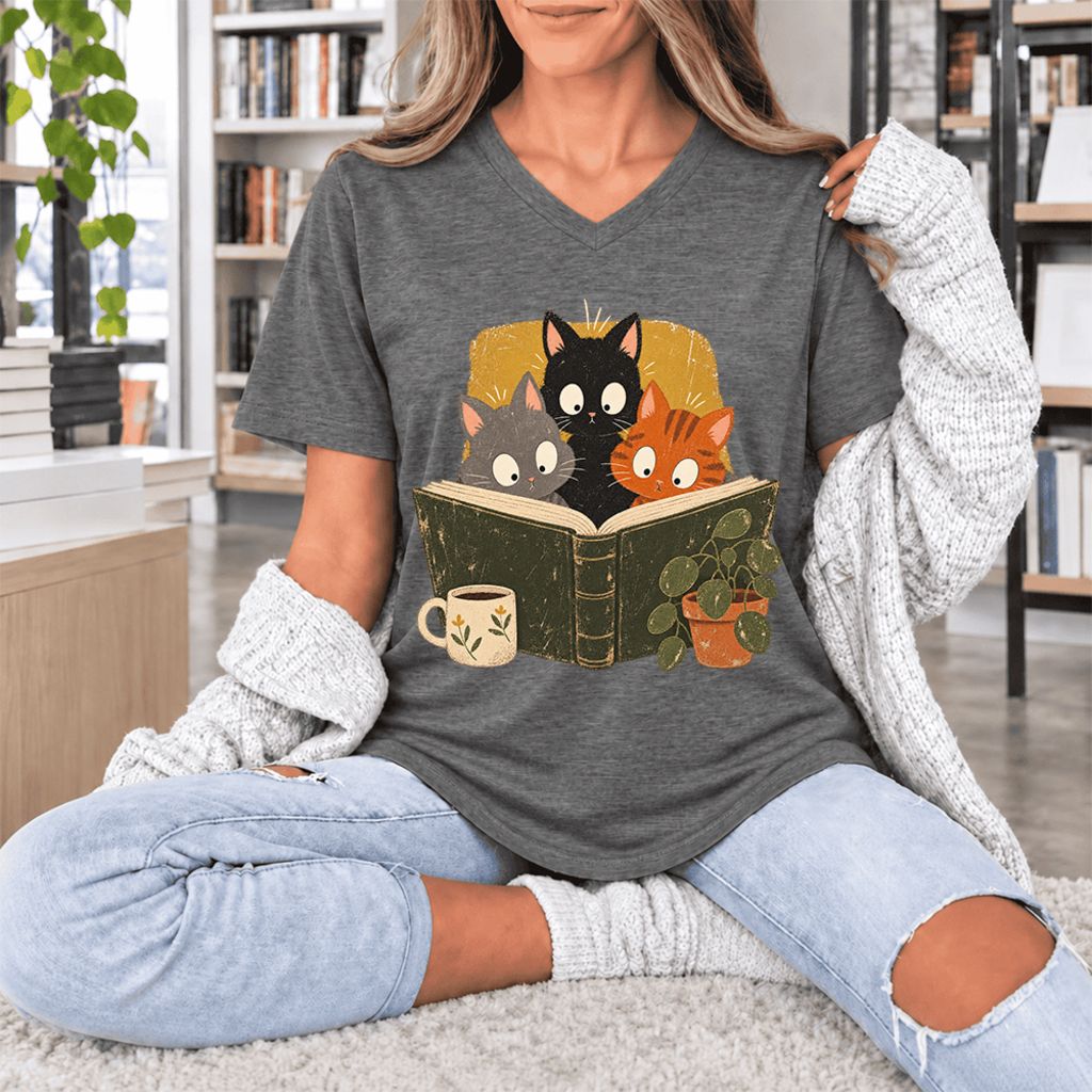 Curious Reading Cats Ultra-Soft V-Neck | Cat Lover Reader Gift Deep Heather