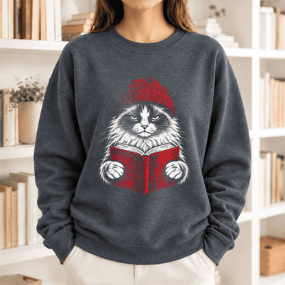 Vintage Reading Cat Ragdoll Softstyle Sweatshirt | Christmas Reader Gift Dark Heather