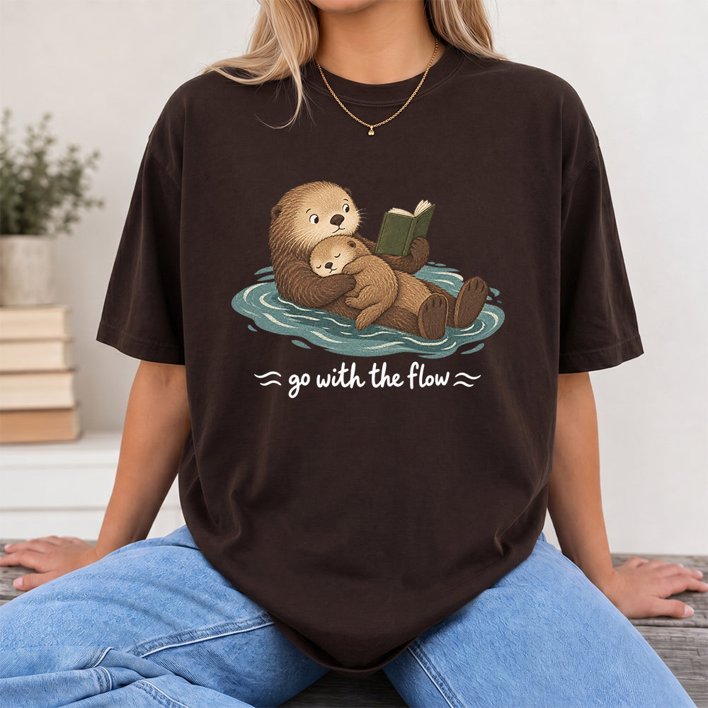 Go With The Flow Otter Reading Softstyle T-Shirt | Book Lover Gift Dark Chocolate