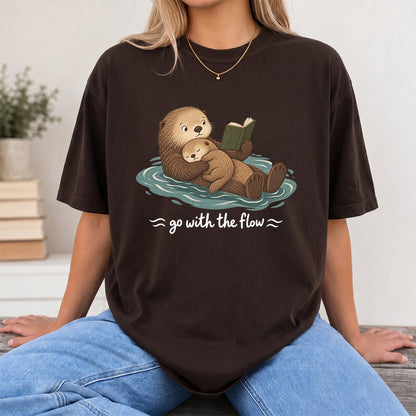 Go With The Flow Otter Reading Softstyle T-Shirt | Book Lover Gift Dark Chocolate