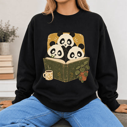 Curious Pandas Reading Crewneck Sweatshirt | Panda Lover & Reader Gift Black