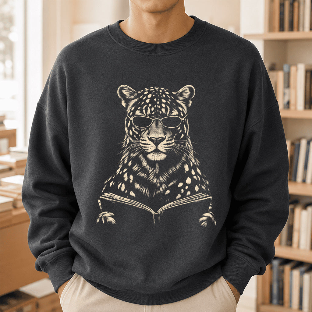 Leopard Reading Book Crewneck Sweatshirt | Reader Gift Dark Heather