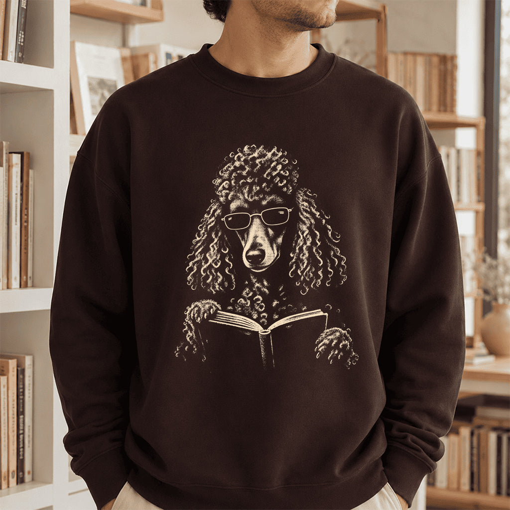 Poodle Reading Book Crewneck Sweatshirt | Reader Gift Dark Chocolate