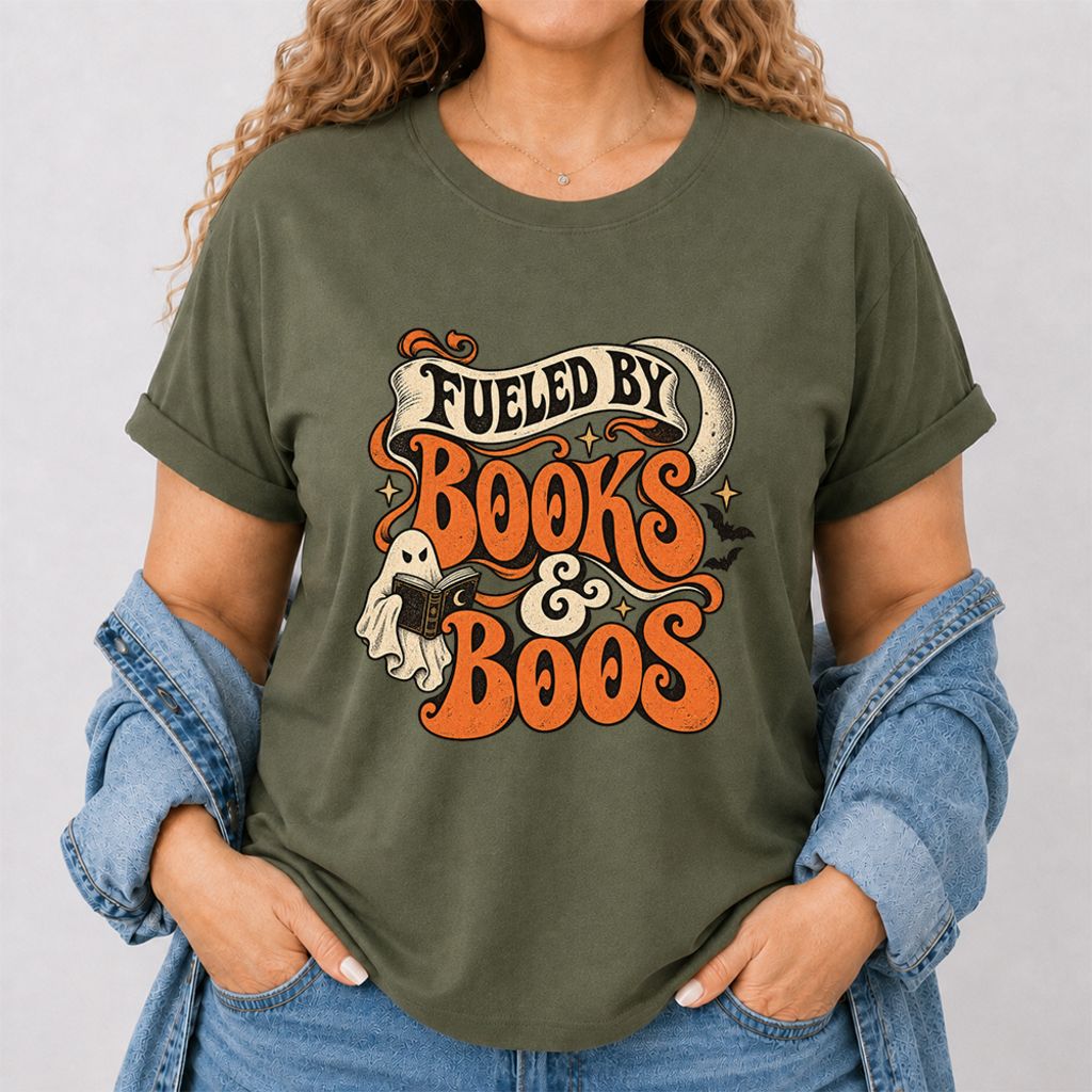 Fueled By Books & Boos Printed T-Shirt | Halloween Book Lover Gift Military Green