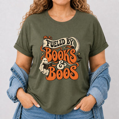 Fueled By Books & Boos Printed T-Shirt | Halloween Book Lover Gift Military Green