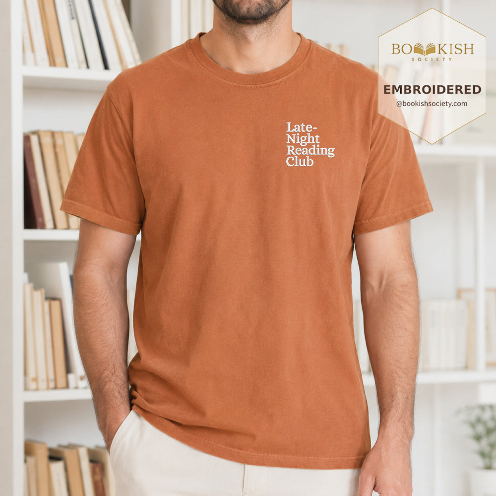 Late Night Reading Club Embroidered Comfort Color® T-shirt | Book Lover Gift Yam