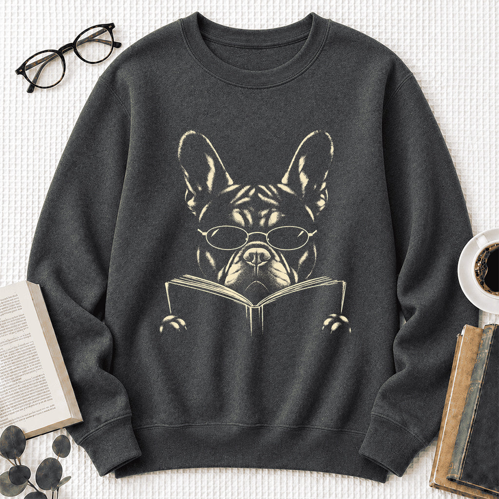 French Bulldog Reading Book Crewneck Sweatshirt | Reader Gift Dark Heather