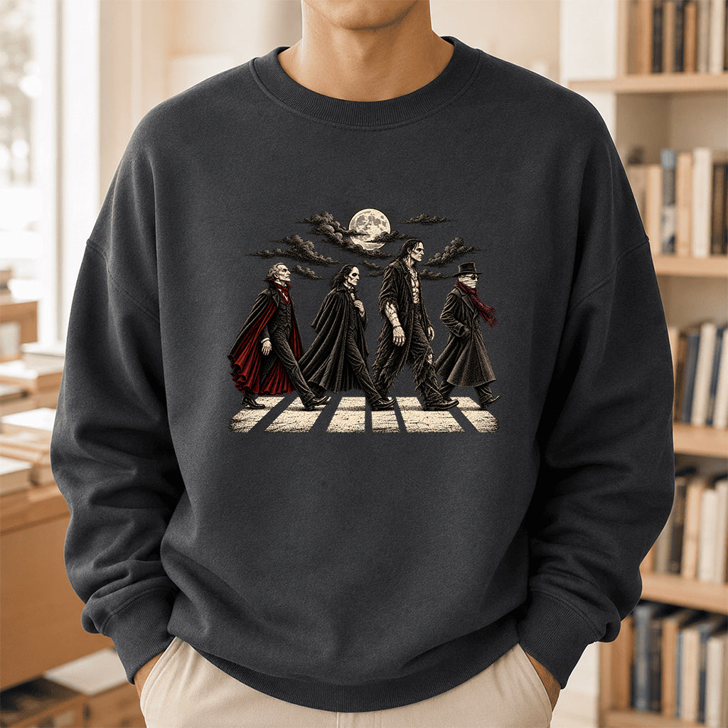 Monsters Road Printed Sweatshirt | Halloween Book Lover Gift Dark Heather