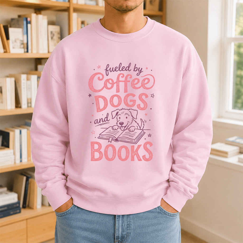 Fueled By Coffee, Dogs and Books Crewneck Sweatshirt | Coffee & Dog Lover, Reader Gift Light Pink