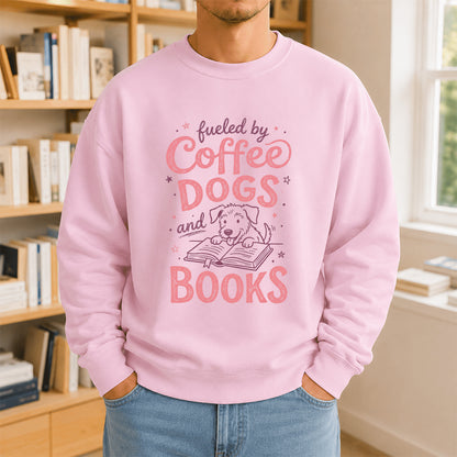 Fueled By Coffee, Dogs and Books Crewneck Sweatshirt | Coffee & Dog Lover, Reader Gift Light Pink