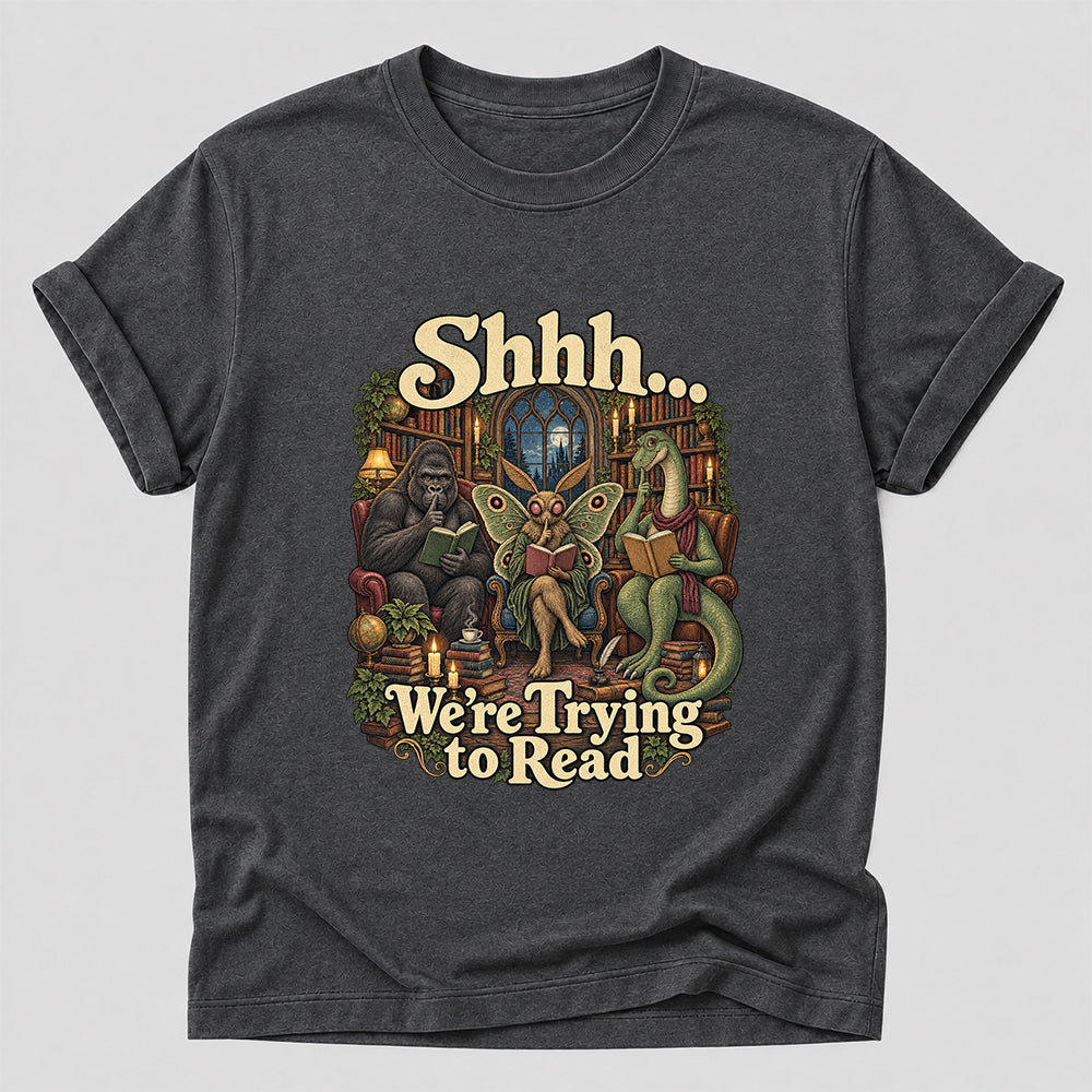 Shh... We Trying To Read Cotton T-Shirt | Midnight Reader Gift Dark Heather