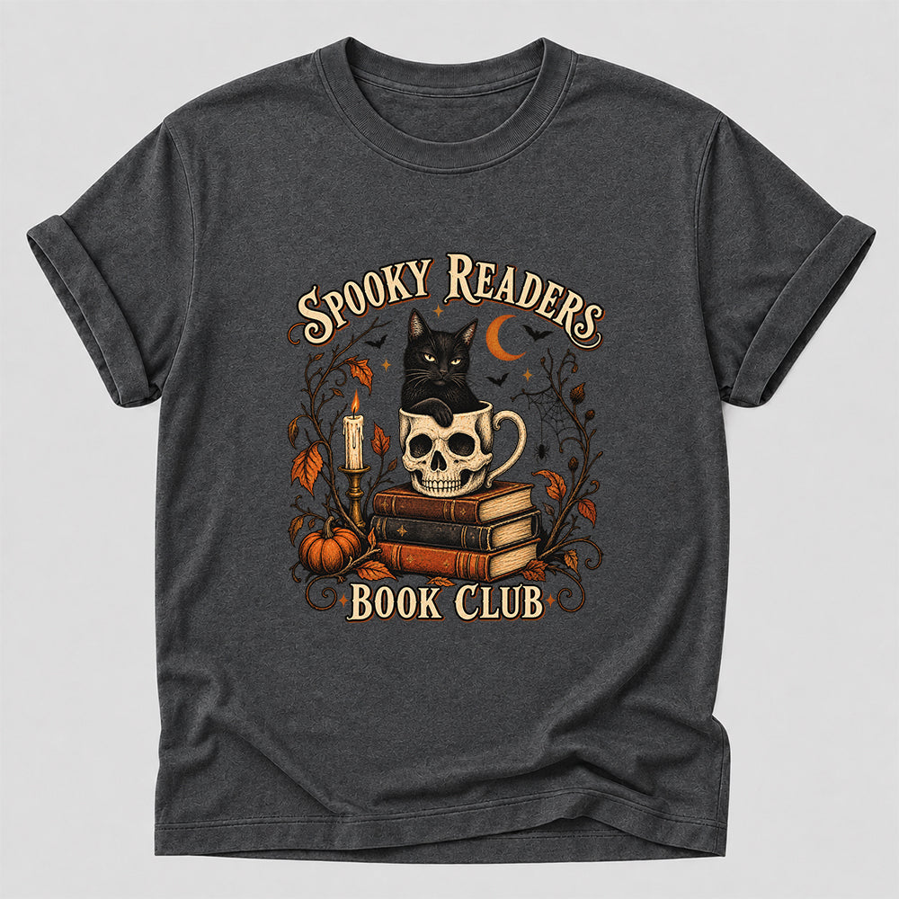 Spooky Reader Book Club Cotton T-Shirt | Halloween Book Lover Gift Dark Heather