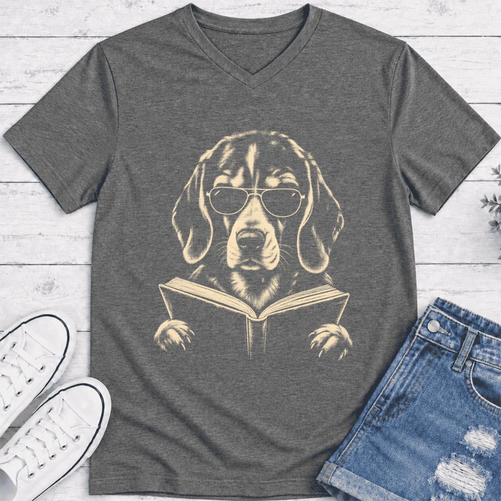 Beagle Reading Book Ultra-Soft V-Neck | Dog Mom Reader Gift Deep Heather