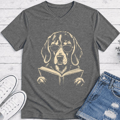 Beagle Reading Book Ultra-Soft V-Neck | Dog Mom Reader Gift Deep Heather