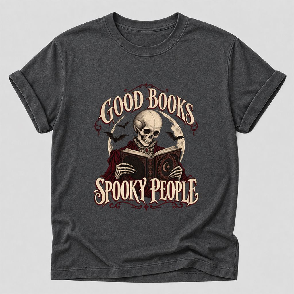 Good Books Spooky People Printed T-Shirt | Halloween Book Lover Gift Dark Heather