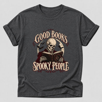 Good Books Spooky People Printed T-Shirt | Halloween Book Lover Gift Dark Heather