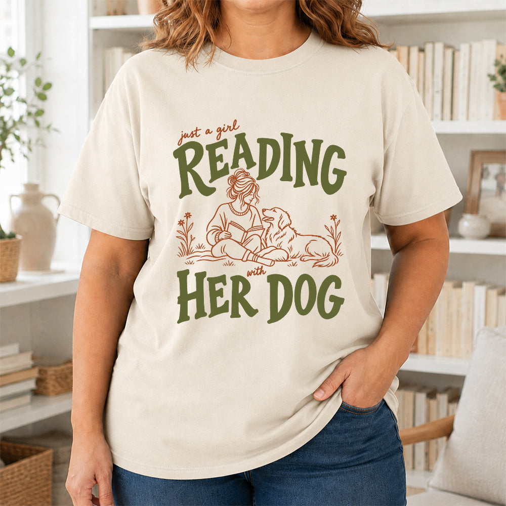 Just A Girl Reading With Her Dog Softstyle T-Shirt | Book Lover Gift Natural
