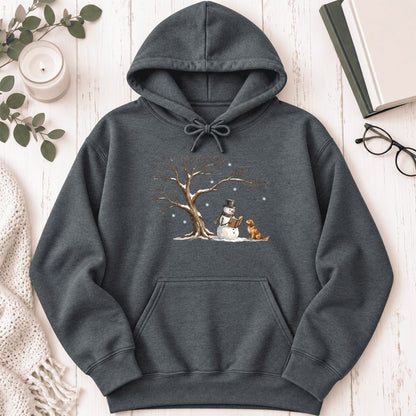 Golden Retriever And Snowman Under Tree Softstyle Hoodie | Christmas Reader Gift Dark Heather