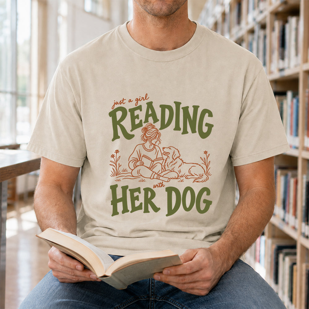 Just A Girl Reading With Her Dog Softstyle T-Shirt | Book Lover Gift Sand