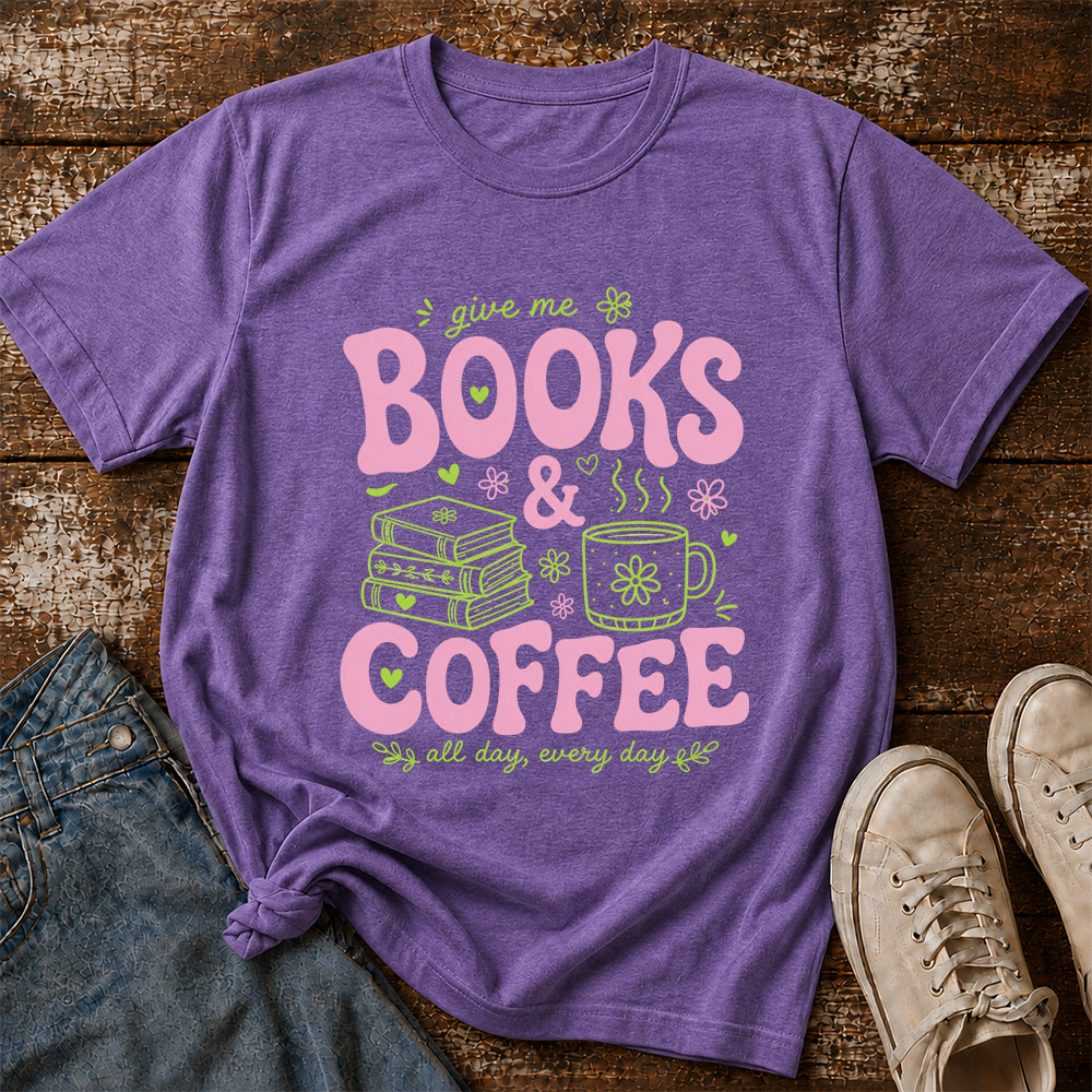 Books and Coffee Softstyle T-Shirt | Book Lover Gift Heather Purple