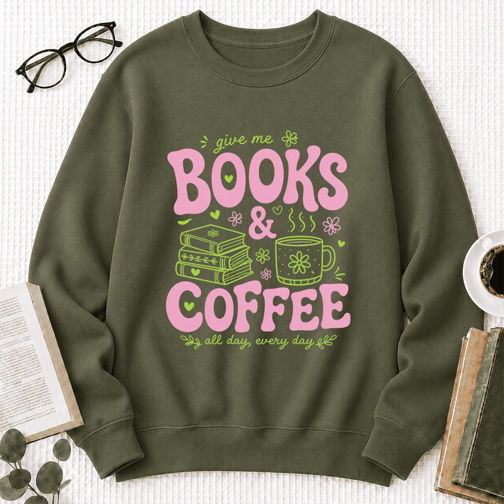 Books and Coffee Crewneck Sweatshirt | Reader Gift Military Green