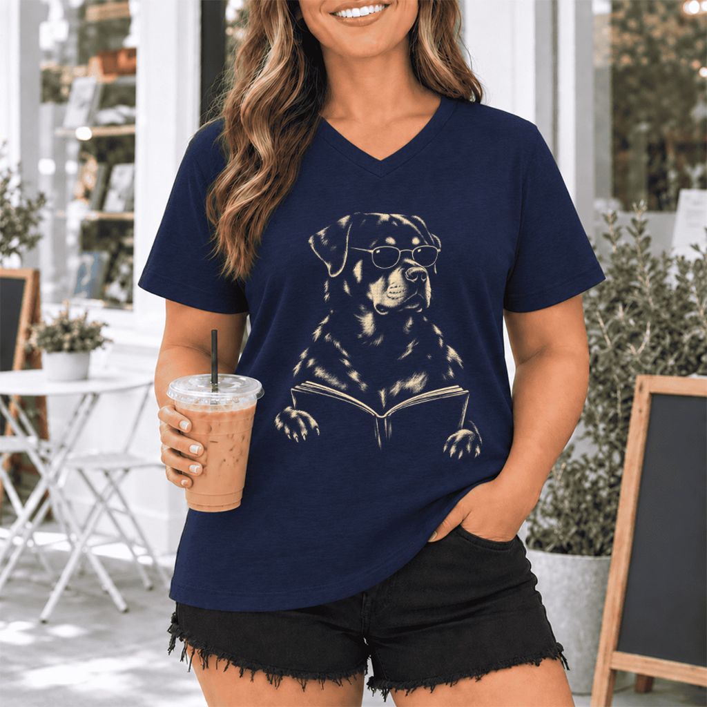 Rottweiler Reading Book Ultra-Soft V-Neck | Dog Mom Reader Gift Navy