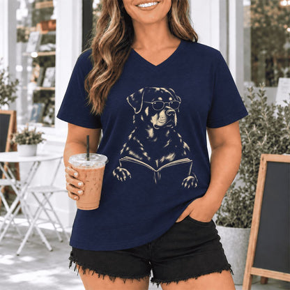 Rottweiler Reading Book Ultra-Soft V-Neck | Dog Mom Reader Gift Navy