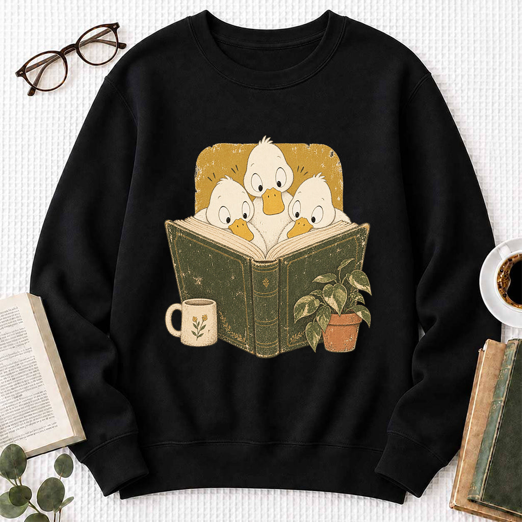 Minimal Japanese Ducks Reading Crewneck Sweatshirt | Reader Gift Black