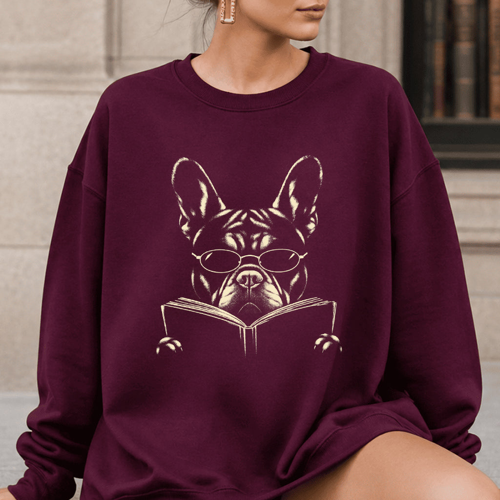 French Bulldog Reading Book Crewneck Sweatshirt | Reader Gift Maroon