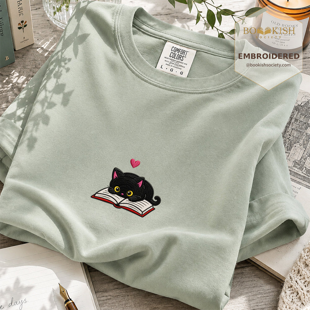 Embroidered Black Cat and Book Comfort Color® T-shirt Book Lover Gift Bay