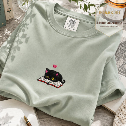 Embroidered Black Cat and Book Comfort Color® T-shirt Book Lover Gift Bay