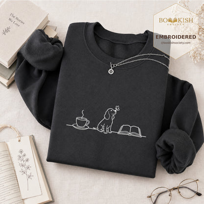 Coffee Dogs And Books Embroidered Sweatshirt | Reader Gift Dark Heather